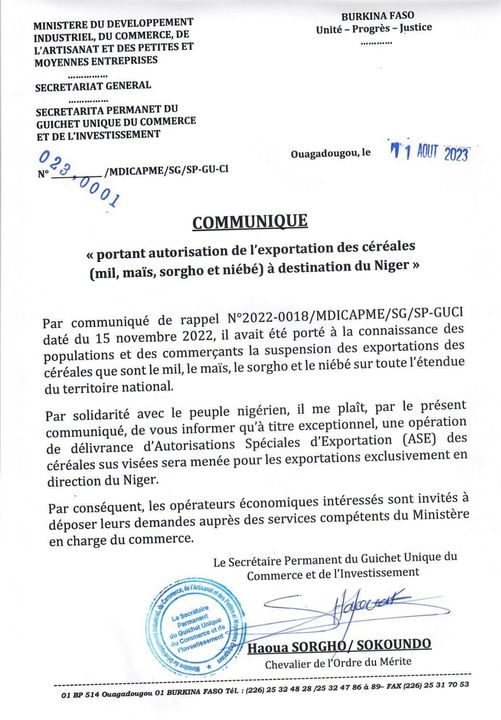 Deuxième Image de Société. Le Burkina Faso solidaire du Niger, annonce l'autorisation exceptionnelle d'exportation de céréales vers le Niger. Il s'agit d'une réponse à l'embargo de la CEDEAO qui limite les échanges commerciaux avec le Niger après le coup d'État. Pour rappel, les exportations de céréales étaient précédemment interdites au Burkina Faso. Cette mesure permet donc l'exportation de mil, sorgho, maïs et niébé vers le Niger. Que pensez-vous de cette action du Burkina Faso ?